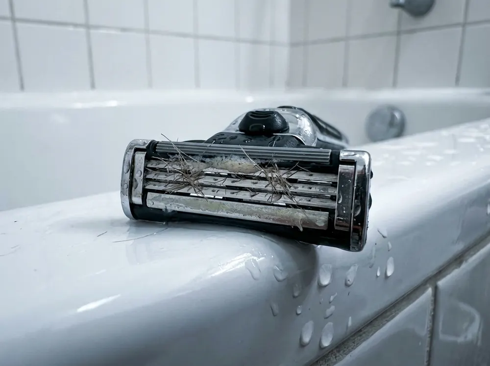 A used razor cartridge resting on the wet edge of a bath in bright overhead light, short hairs visible between the blades.