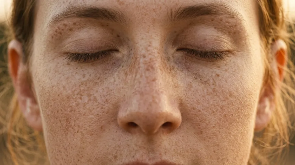 A close view of a face with closed eyes, the nose and cheeks covered in light brown freckles, lit from the front by warm low sun.