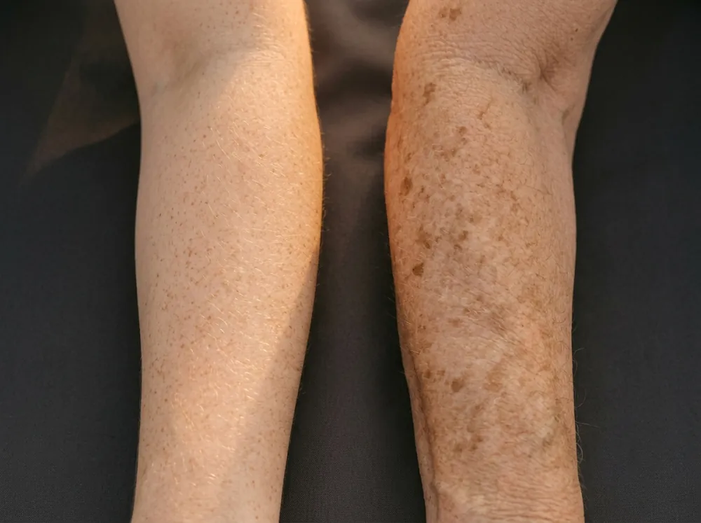 A forearm with fine light brown freckles beside a forearm with larger flat brown spots, lit from the front by warm low sun.