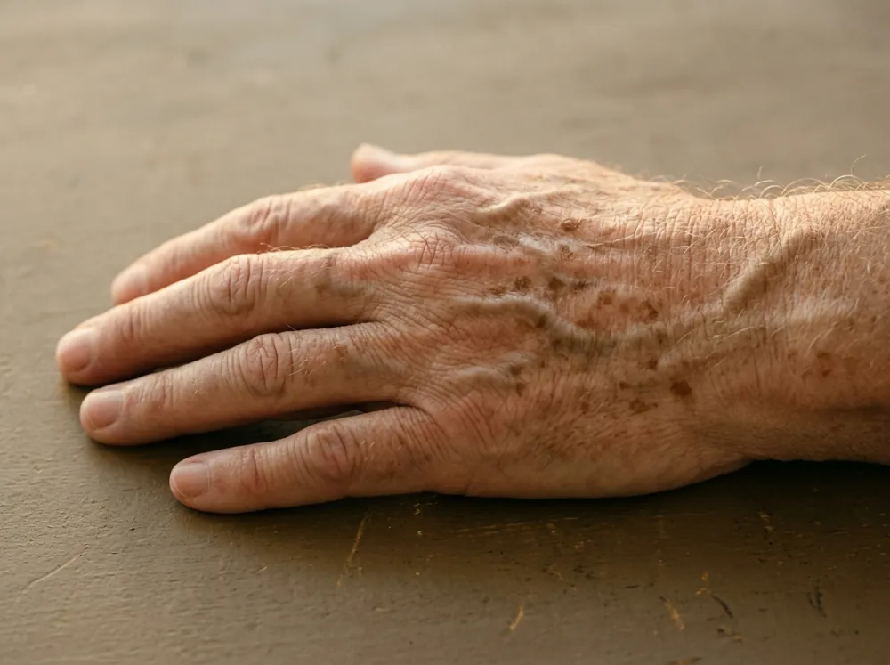 The back of an older adult's hand with several flat brown spots of varying size, skin creases and fine hairs visible, lit from the front by warm low sun.