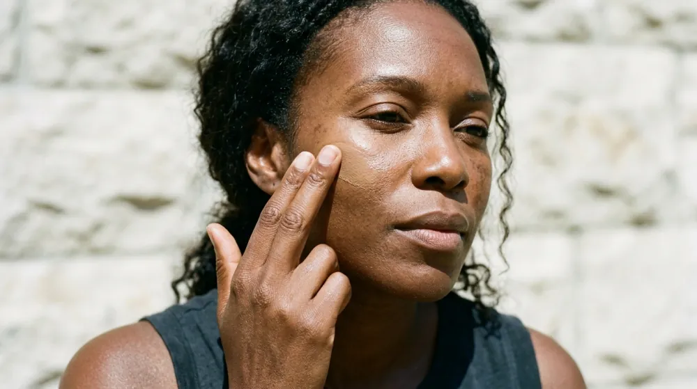A woman with deep brown skin outdoors in bright sun against a pale stone wall, smoothing a tinted sunscreen onto her cheek with two fingertips.