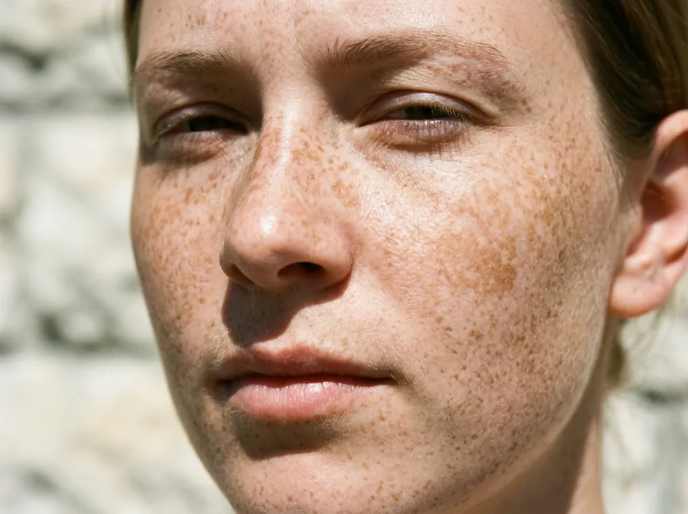 A close view of a fair-skinned face with many small light brown freckles across the cheeks and the bridge of the nose, squinting slightly in hard sun.