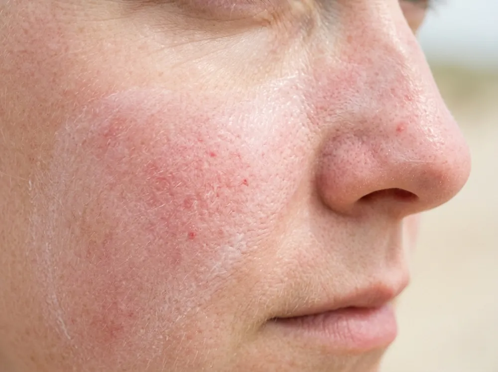 A close side view of a cheek and nose with diffuse pink-red redness, a few small red bumps and a faint, uneven white film of sunscreen along the edge of the cheek.