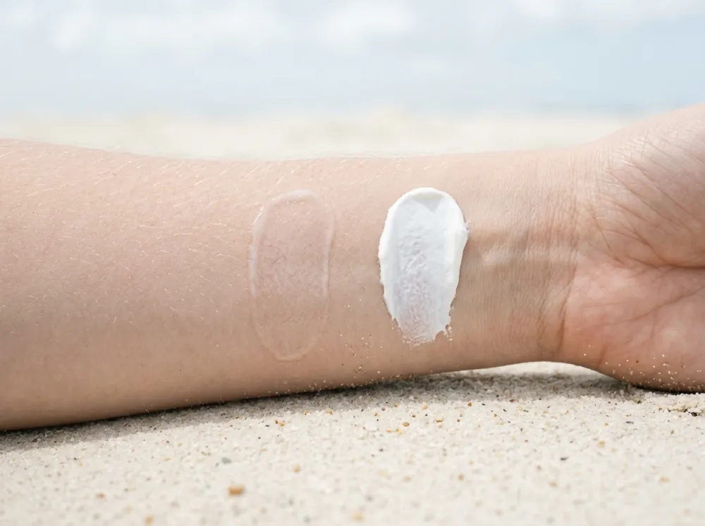 A forearm resting on sand with two smears of cream side by side, a thin translucent film on the left and a thick opaque white smear on the right.