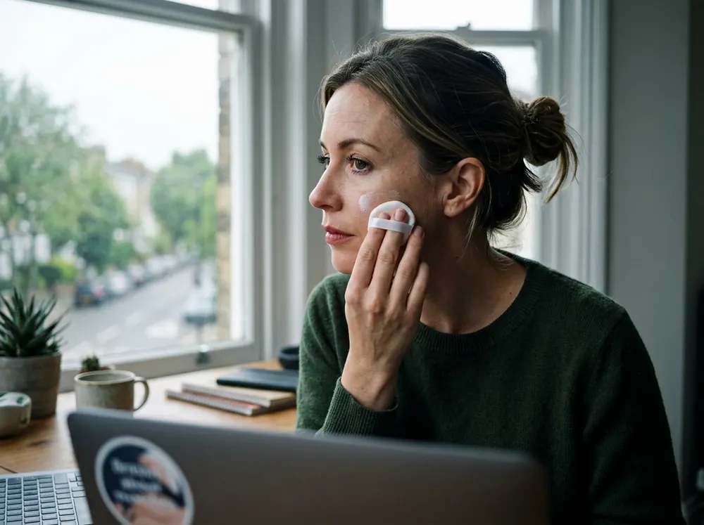 A hand pressing a cushion applicator against a cheek to reapply sun protection at a desk beside a window.