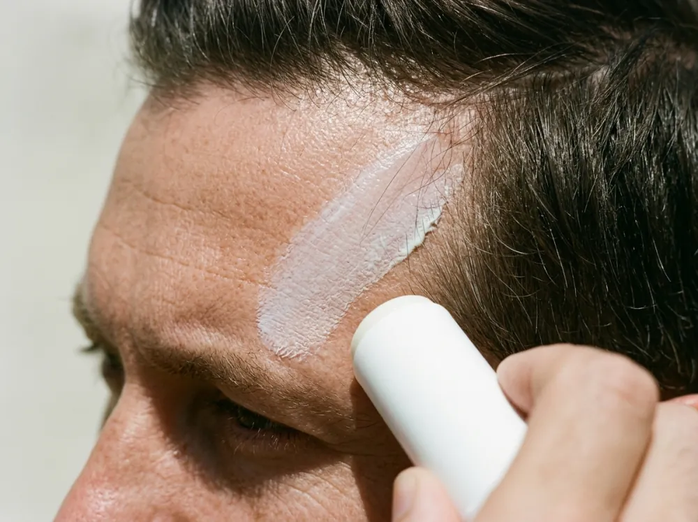 Close view of a man's temple and hairline in bright sun, a pale streak of sunscreen along the edge of his hair with a white stick held against his skin just below it.