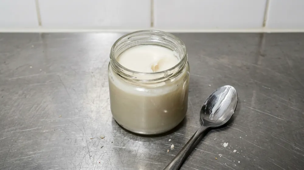 An open glass jar of pale, soft white fat on a scratched stainless steel counter beside a metal spoon, with white tiles behind.