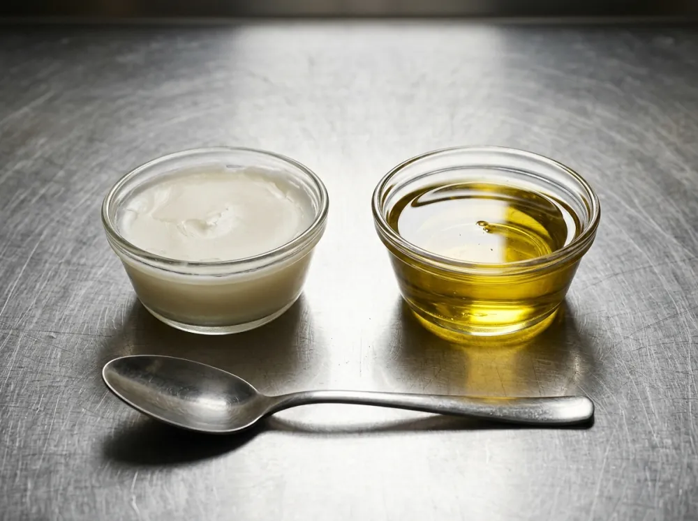 Two small clear glass dishes on a stainless steel counter, one holding pale solid fat and the other golden liquid oil, with a spoon in front.