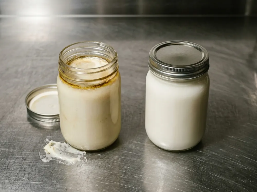 Two glass jars on a stainless steel counter, the open one on the left with a yellowish-brown ring at the rim of the pale fat and a smear beside it, the sealed one on the right with smooth white fat.