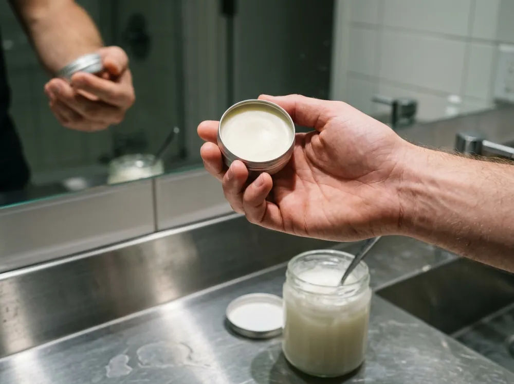 A hand holding up an open round metal tin of pale balm in front of a bathroom mirror, with an open jar of white fat and a spoon on a stainless steel counter below.