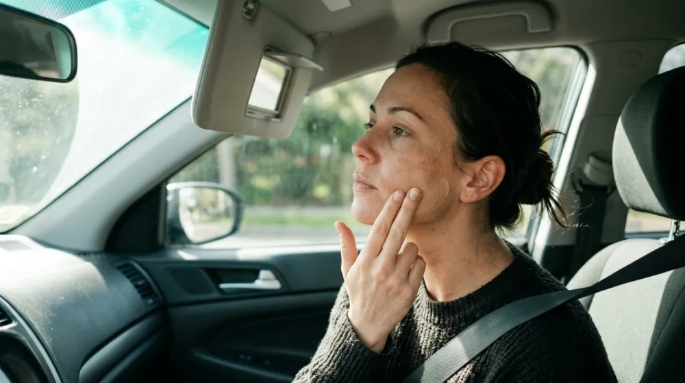 A woman in a car's passenger seat with her seatbelt on, looking toward the sun visor mirror while smoothing a thin film of cream onto her cheek with two fingertips.
