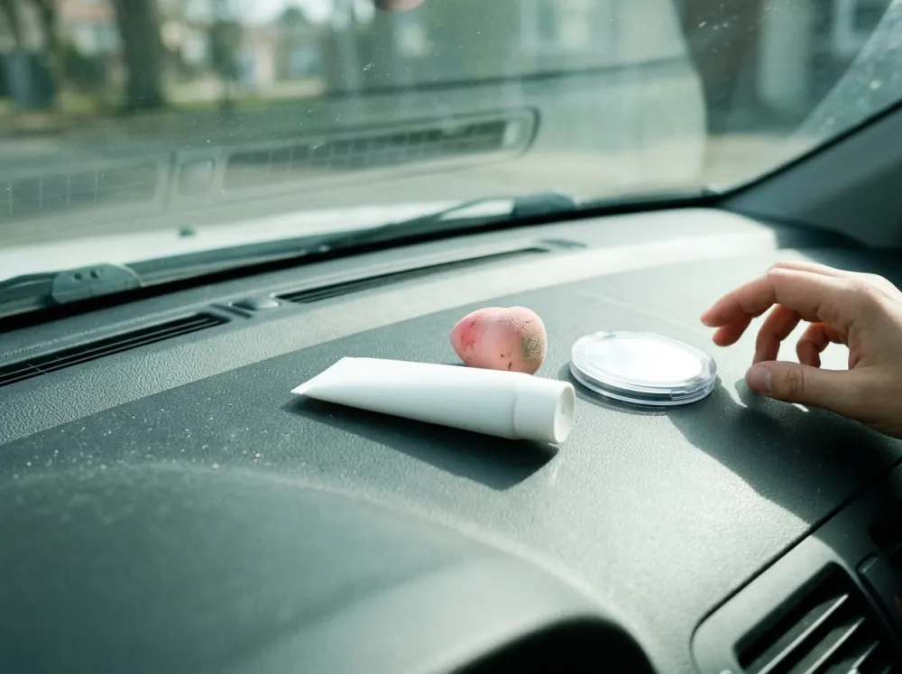 A plain white tube, a pink makeup sponge and a compact on a car dashboard beneath the windscreen, with a hand reaching in from the right edge of the frame.
