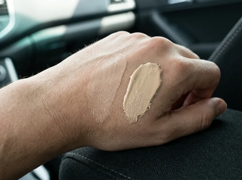 The back of a hand resting on a car seat armrest with two smears of beige tinted cream side by side, a thin sheer one on the left and a thicker opaque one on the right.