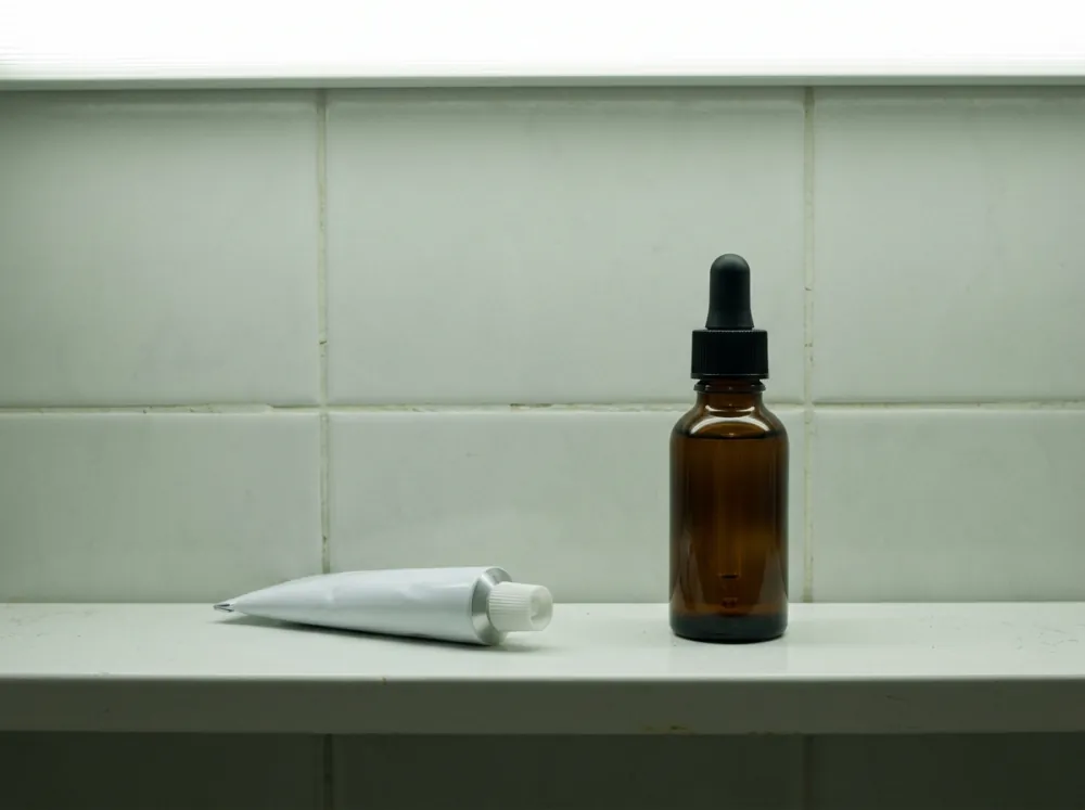 A white metal tube and an amber glass dropper bottle, both unmarked, on a white tiled bathroom shelf under flat fluorescent light.