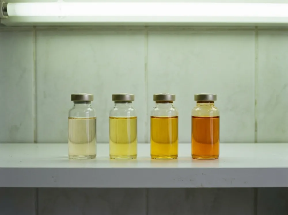 Four small clear glass vials with metal caps in a row on a white shelf, the liquid in each a progressively deeper colour from pale straw to orange, under a fluorescent tube.