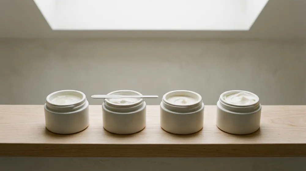 Four open white jars of cream in a row on a pale wooden shelf under a skylight, the creams slightly different in texture, with a thin spatula resting across the second jar.