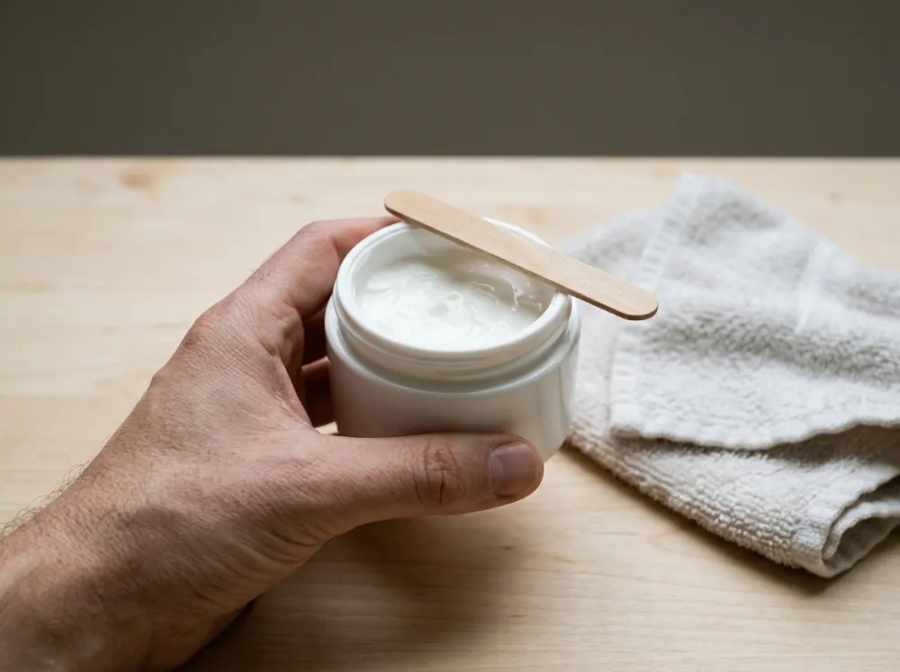 A hand holding an open white jar of cream with a wooden spatula resting across its rim, beside a folded white towel on a pale wooden surface.