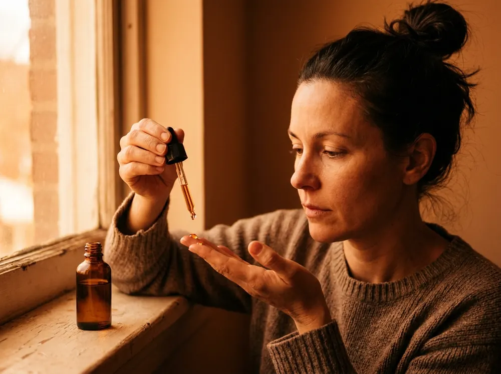 A woman beside a window tipping amber-coloured serum from a glass dropper onto her fingertips, an amber bottle on the sill beside her, the whole frame lit in warm amber light.