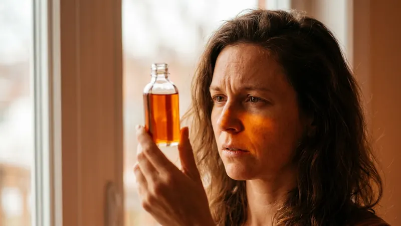 A woman holding a glass serum bottle up to a window, examining the deep amber colour of the liquid inside, her face lit through it.