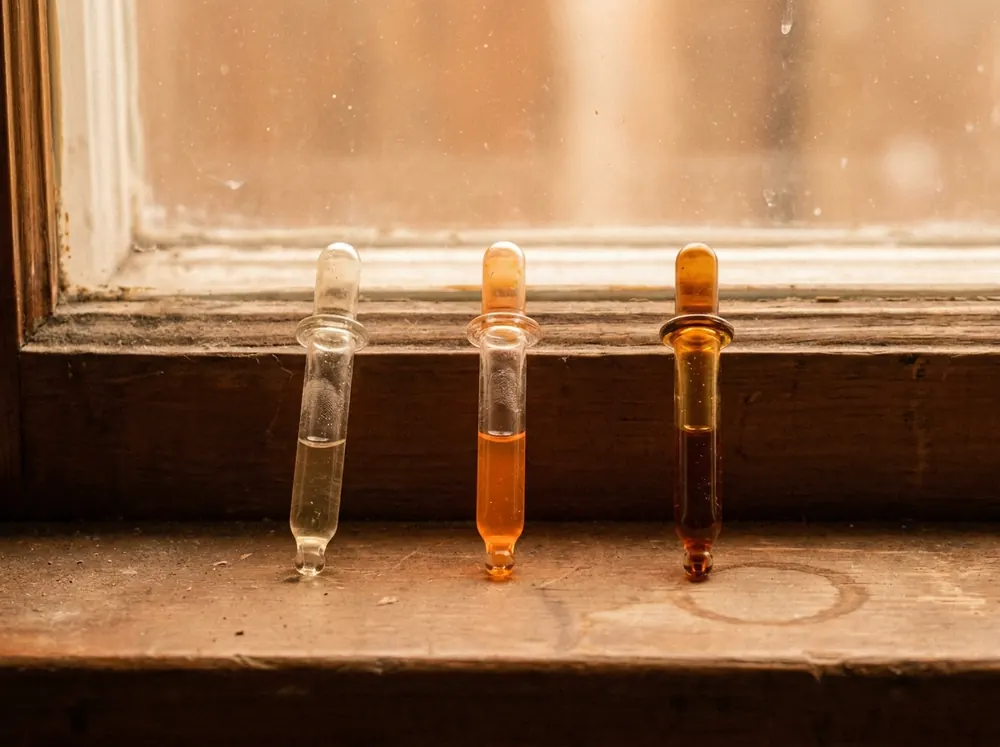 Three glass droppers standing in a row on a weathered windowsill, backlit, the liquid inside progressing from pale straw through orange to deep amber-brown.