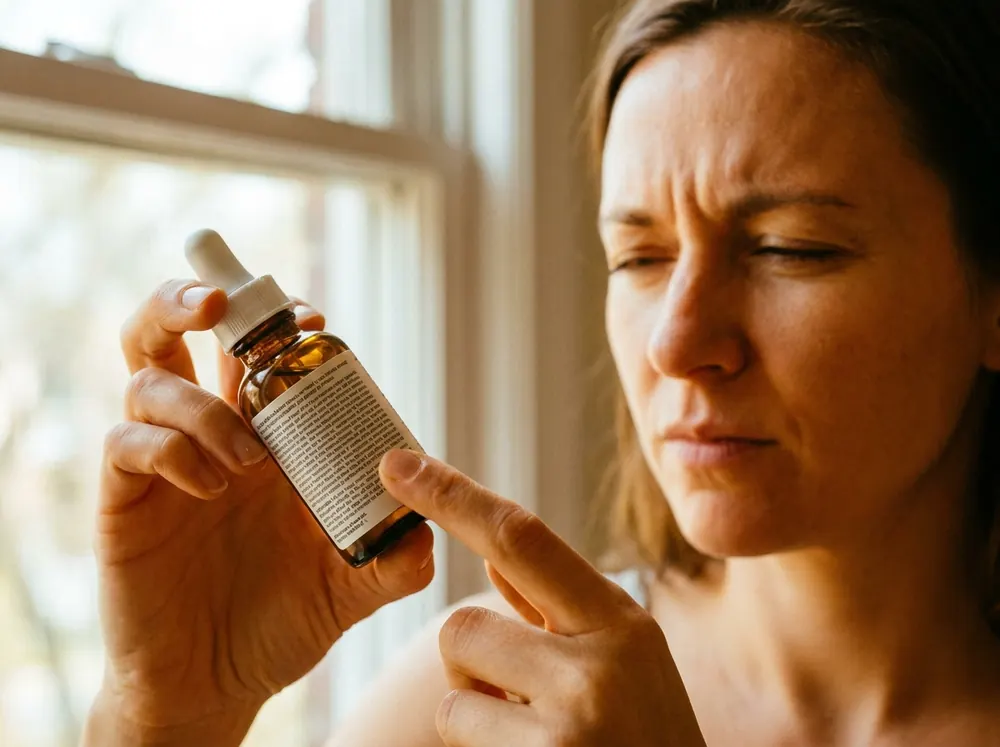 A woman beside a window holding a small amber serum bottle close to her face, a fingertip marking her place on the dense small print of its label.
