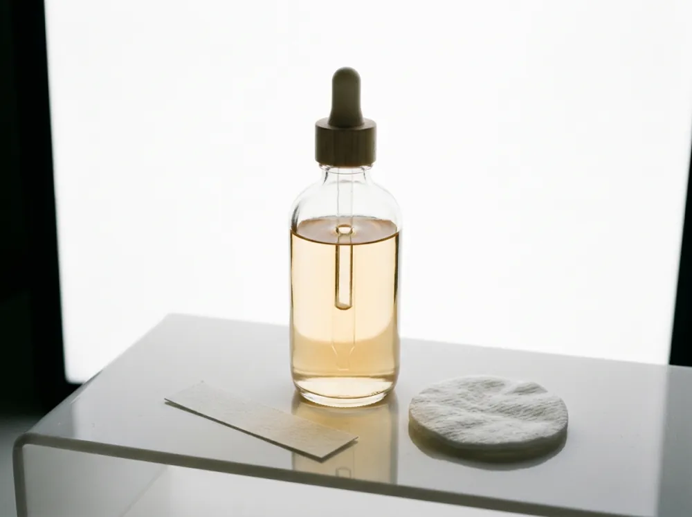 A glass dropper bottle of pale amber liquid on a white acrylic shelf beside a strip of paper and a cotton pad, backlit by a bright white panel.