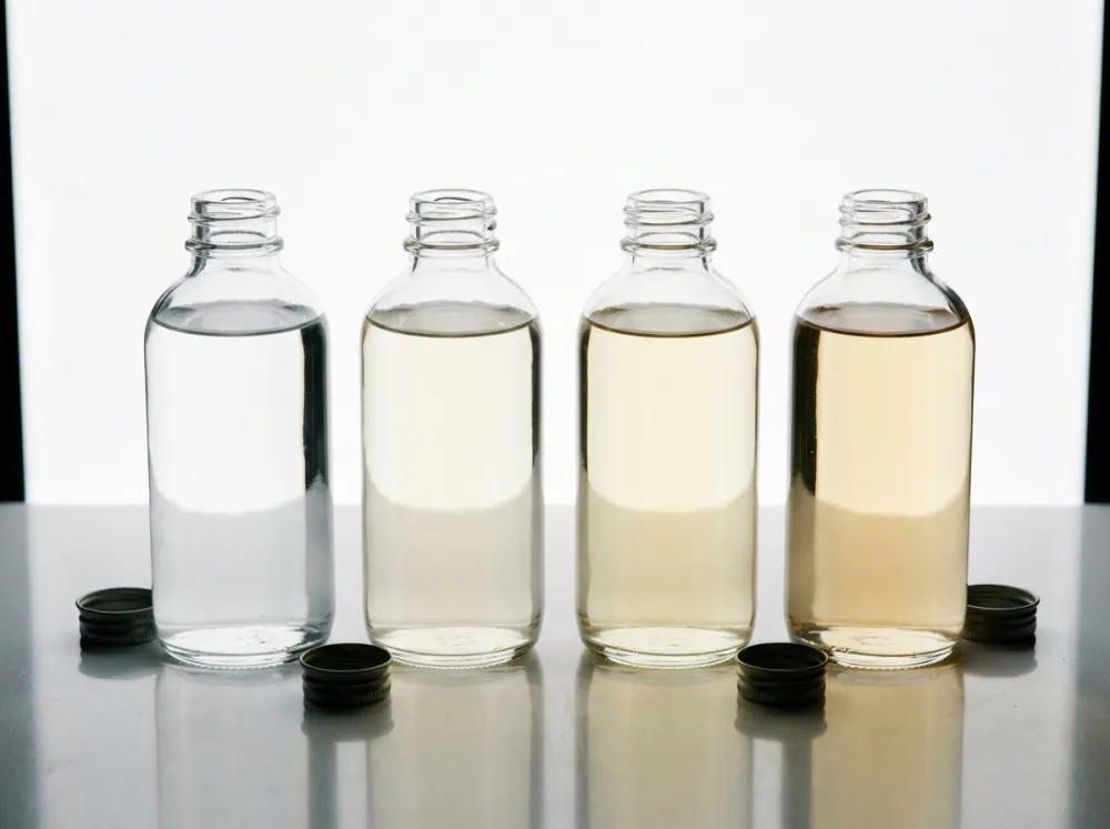 Four clear glass bottles in a row with their caps off beside them, holding liquids from water-clear to pale amber, backlit by a white panel.
