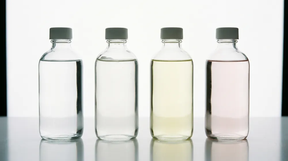 Four clear glass bottles with white screw caps in a row on a glossy white surface, holding liquids from water-clear to pale yellow and faint pink, backlit by a bright white panel.