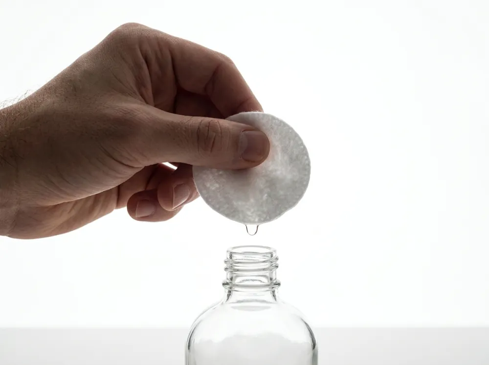 A hand holding a cotton pad above the open neck of a clear glass bottle, with a drop of liquid falling from the pad, against a bright white backlit background.