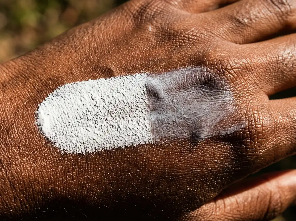 A macro view of white sunscreen on deep brown skin, opaque and chalky on one side and blending to translucent grey on the other.