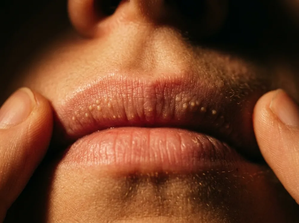Close view of a mouth with the upper lip held gently stretched by two fingertips, a row of tiny pale yellow-white raised dots along the edge of the pink lip.