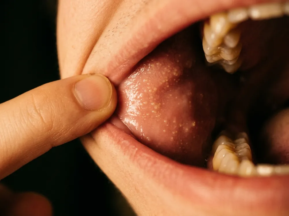 The inside of a lip pulled outward by a fingertip, a scatter of tiny pale yellow-white dots on the moist pink lining, with teeth just visible.