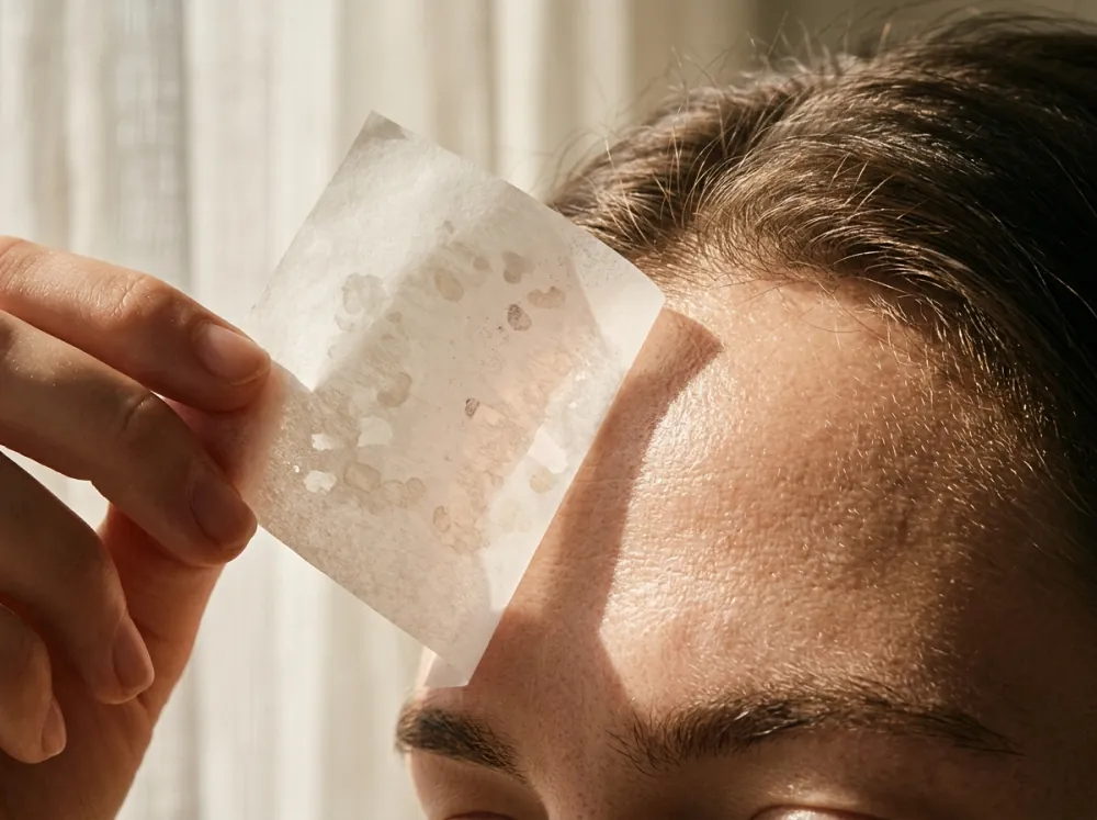 A thin translucent paper sheet held against a forehead, showing small translucent oil marks on the paper, lit by warm sunlight through a sheer white curtain.