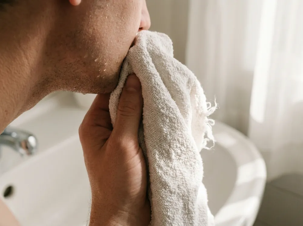 A hand pressing a plain white cotton towel against the chin and jaw beside a sink, water droplets on the skin, lit by warm sunlight through a sheer white curtain.