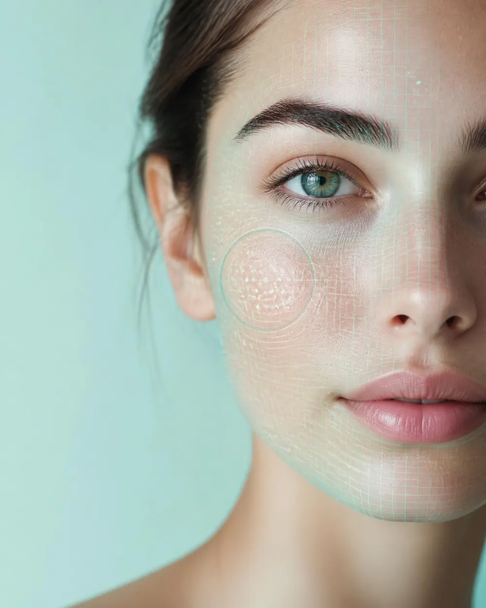 Close-up of a face with a teal AI skin-analysis grid overlay